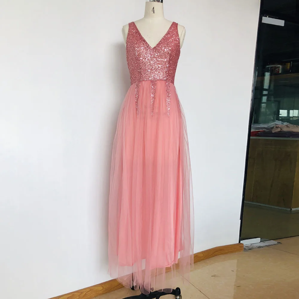 Женское блестящее бальное платье темно синего цвета розовое длинное вечернее