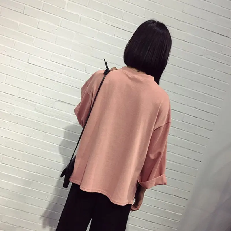 

3/4 Sleeve Women Tops Fashion Ladies High Collar Casual Loose Tee Shirt