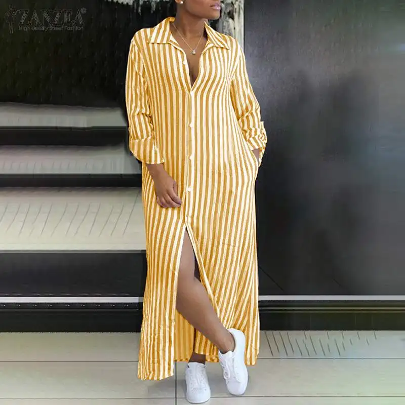 

Oversized ZANZEA Women Autumn Long Shirt Dress Elegant Lapel Neck Long Sleeve Striped OL Sundress Robe Femme Vestidos Kaftan