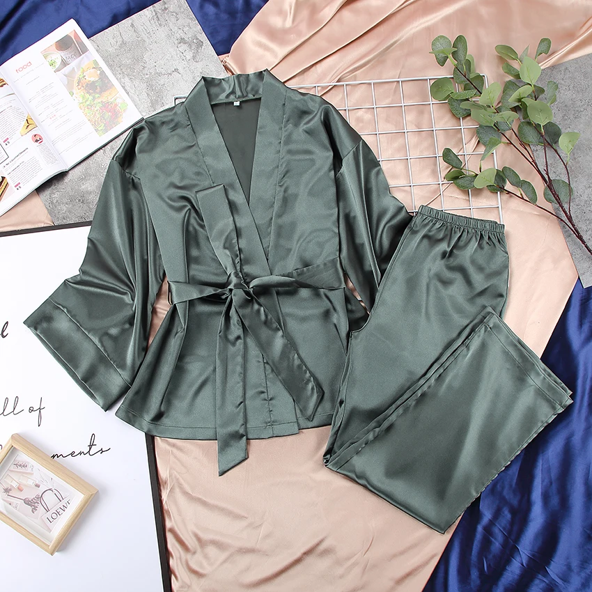 

Solid Women Robes With Sashes 2 Piece Set Wrist Sleep Tops Satin Pants Loose Pajamas Casual Sleepwear Female Home Suits