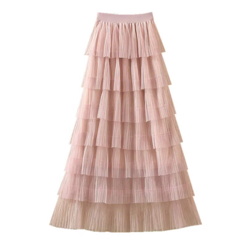 winter new high waist A-line pleated cake skirt yarn all kinds of mesh medium length long woman | Женская одежда