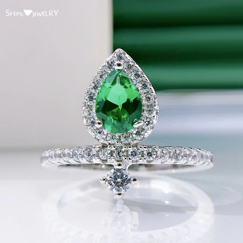 

Shipei 925 Sterling Silver 1 CT Water Drop Emerald Created Moissanite Gemstone Engagement Vintage Ring Fine Jewelry Wholesale