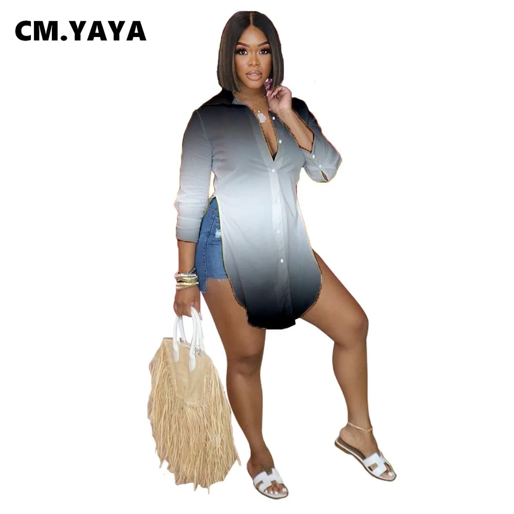 Рубашка женская летняя однобортная с градиентным принтом и длинным рукавом |