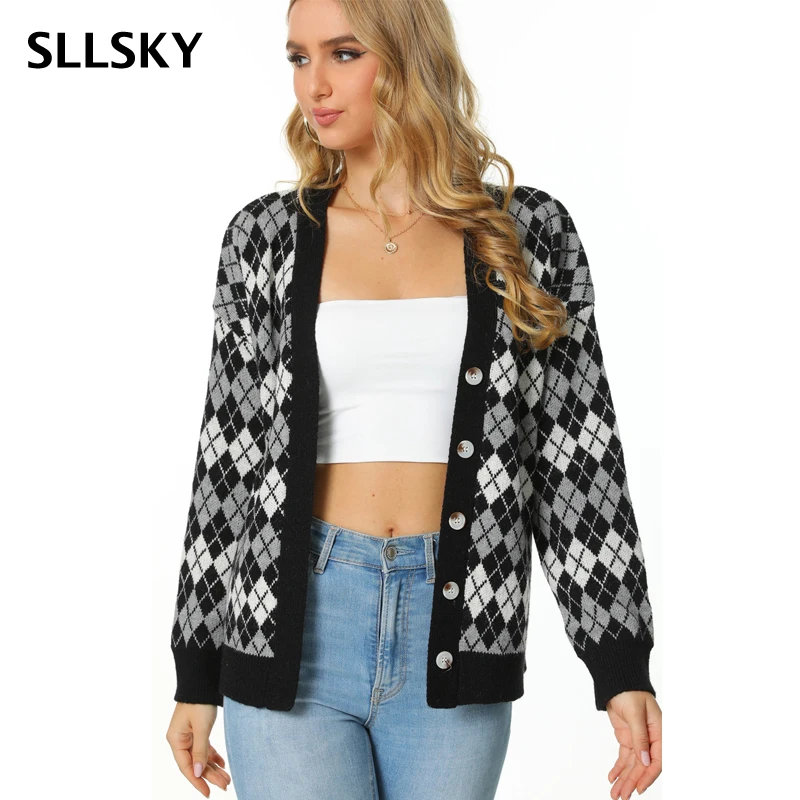 

Женский кардиган в клетку SLLSKY Fashion Y2K, Осенний вязаный однобортный свитер свободного покроя