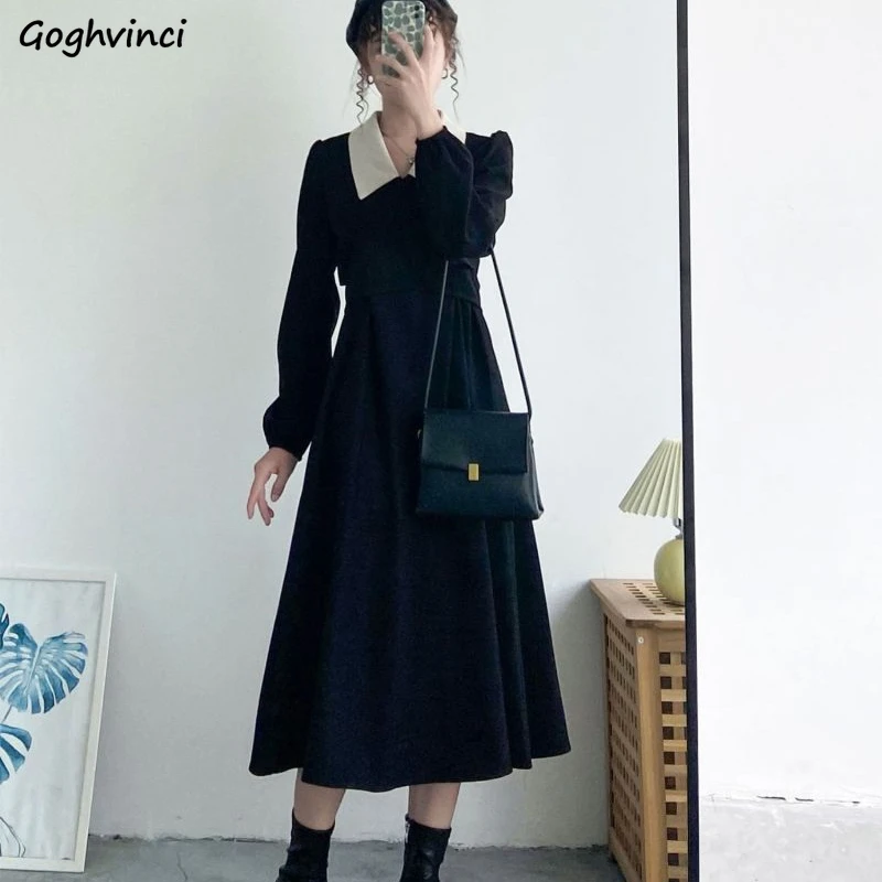 

Long Sleeve Dress Women Panelled Tunic Fashion French Vintage Mid-calf Turn-down Collar Cozy All-match Vestidos Elegant Newest