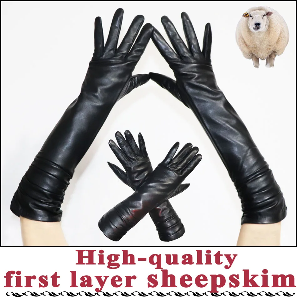 Кожаные перчатки средней длины, женские перчатки из овчины, длинные зимние теплые плотные бархатные модные перчатки из овчины