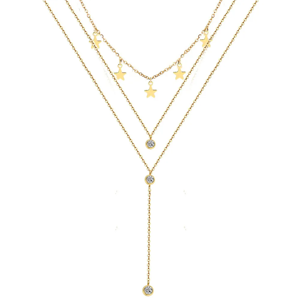 Колье-чокер из нержавеющей стали 3-слойная подвеска в виде звезды со стразами