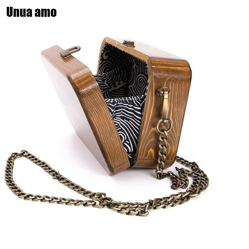 Unua amo Handmade Wooded Box Bag Women's Nature Arbor Unique Chain Day Clutches Luxury Retro Shoulder Wood Messenger Bags | Багаж и