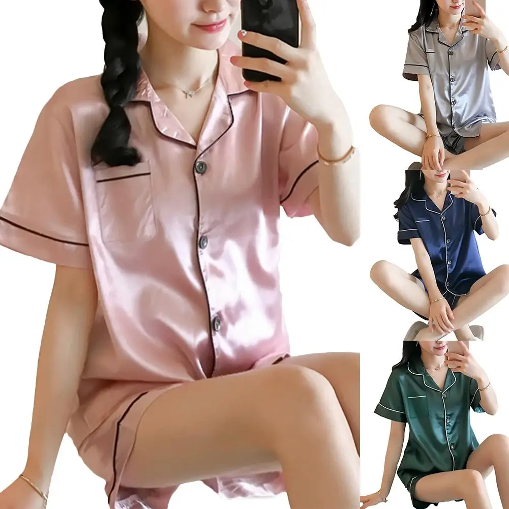 

Spring Summer Women Pajamas Faux Silk Satin Pyjama Sets Short Sleeve Two Piece Sleepwear Top Pyjamas Set 2021 New Homewear