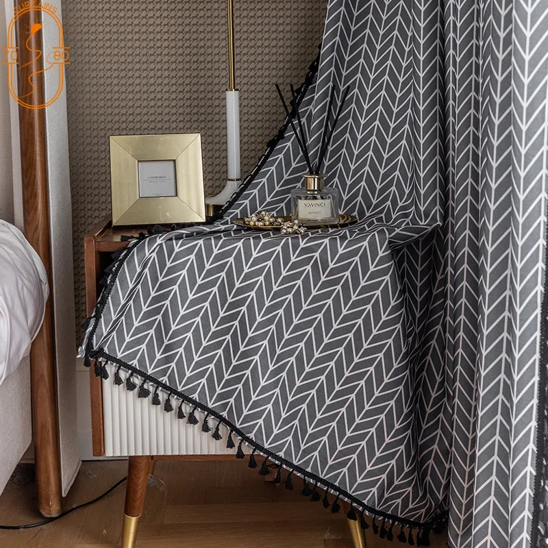 

Geometric Fishbone Pattern Imitation Cotton and Linen Printed Curtains for Living Room Bedroom Balcony Bay Window Finished