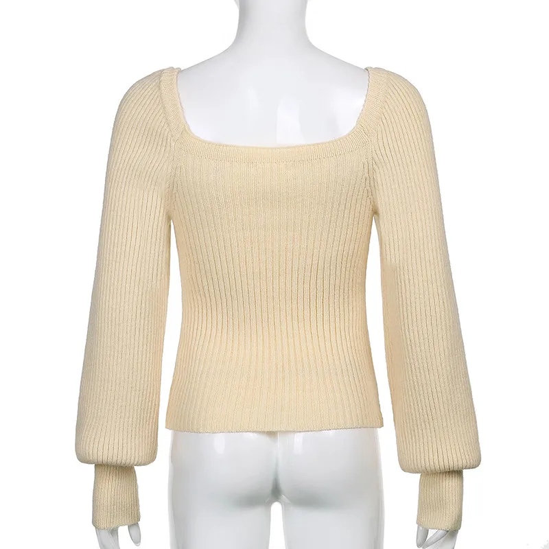 

Women's Solid Color Knitted Tops, Long Puff Sleeve Low Square Neck Slimming T-shirt for Spring and Fall