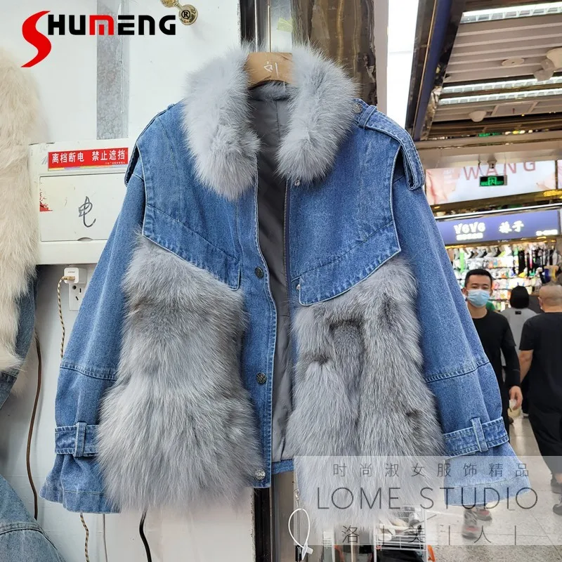 

Женское хлопковое пальто, джинсовая парка с прострочкой и лисьим мехом, новинка зимы 2021