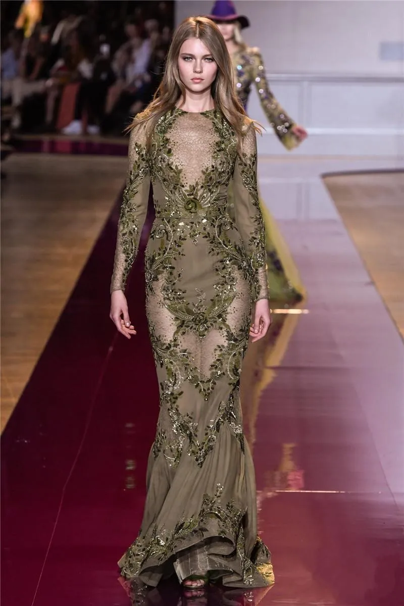 Zuhair Murad Русалка Вечерние платья с длинными рукавами воротник Sheer Jewel платье для
