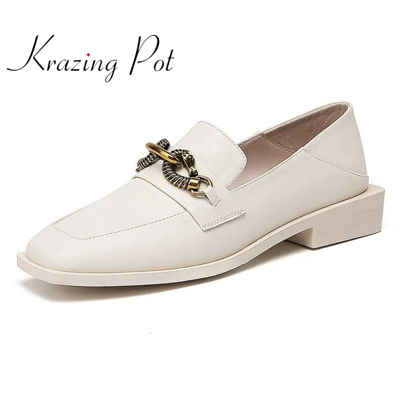 

krazing pot full grain leather square toe med heel metal decorations classic colors loafers slip on convenient women pumps L17