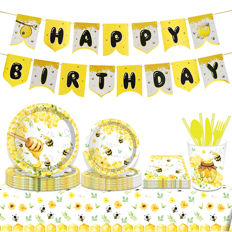 Lovely Bee Plates Napkins flag Cup straws tablecloth party Disposable tableware for Kids happy Birthday Party Supplies | Дом и сад