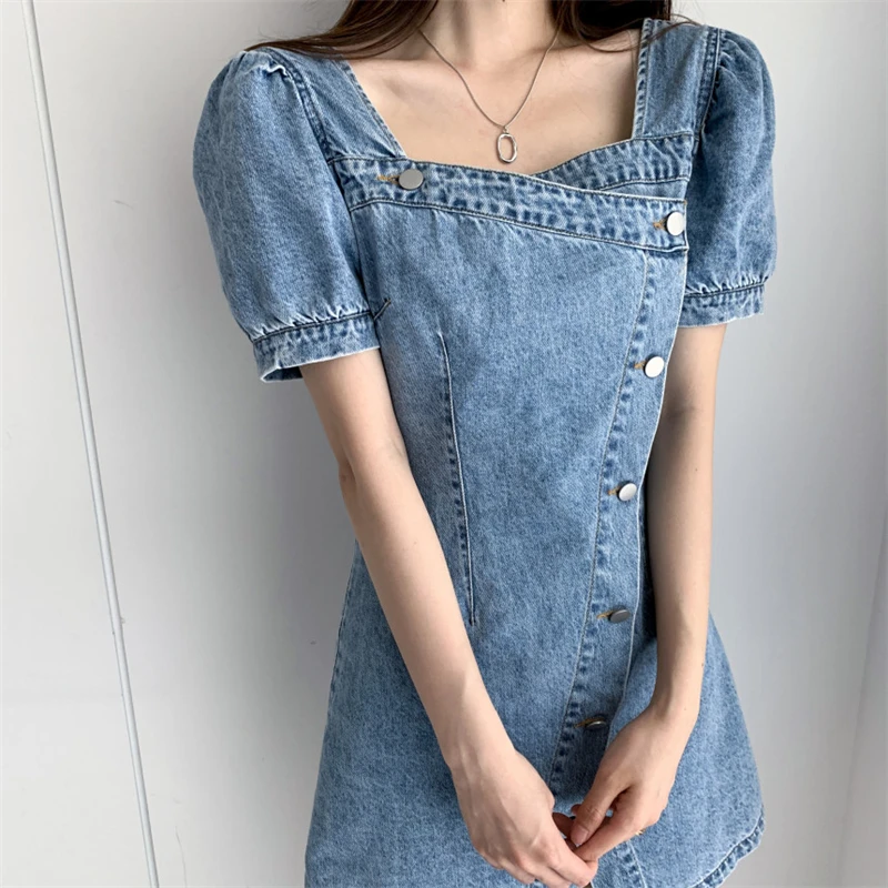 

Square Collar Slim Denim Dress with Diagonal Buttons