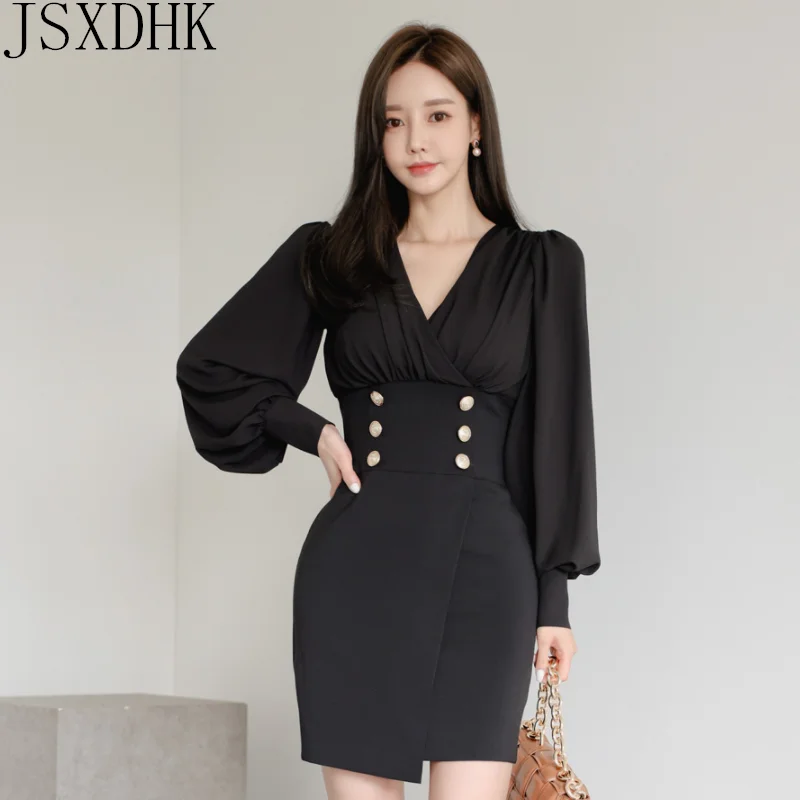 JSXDHK 2022 женское осеннее платье-карандаш офисные женские двубортные Элегантные