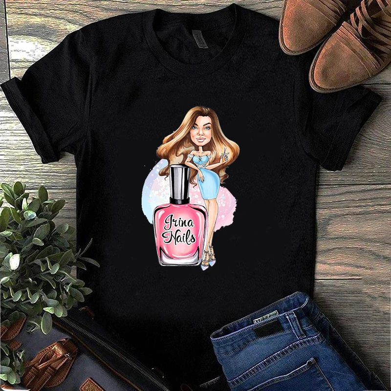 

90s Nail Polish Beauty Print T Shirt Women Summer Short Sleeve Tshirts Ulzzang Vogue Young Girls Ladies Fashion Tee Tops Female