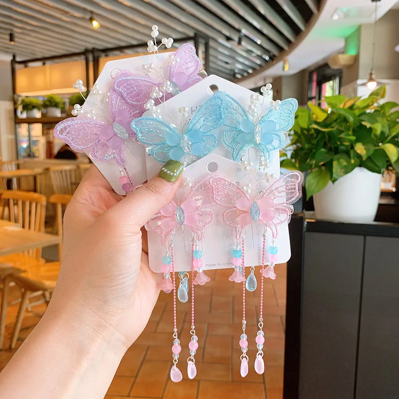 Винтажные заколки Hanfu с цветами бабочкой помпоном шариками китайские для волос