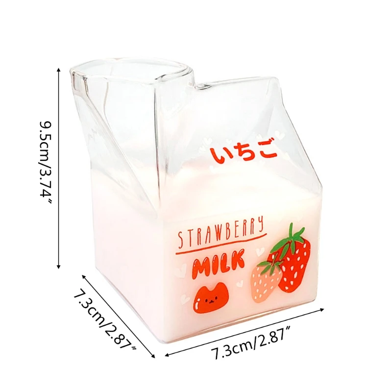

Japanese Style Glass Creamer Box Heat Resistant Cartoon Fruit Printed Mini Square Milk Carton Container 380ml Water Cup 85DB