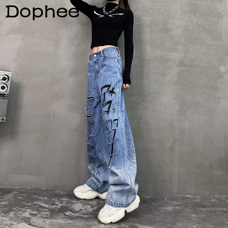 

Джинсы женские с завышенной талией, уличные прямые свободные штаны с широкими штанинами, тёмно-синие мешковатые брюки, рваные джинсовые шта...