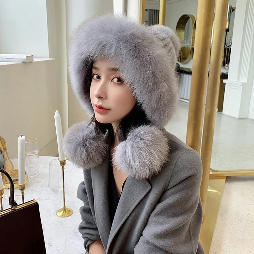 Лидер продаж Зимняя женская вязаная натуральная помпоны из лисьего меха шапка