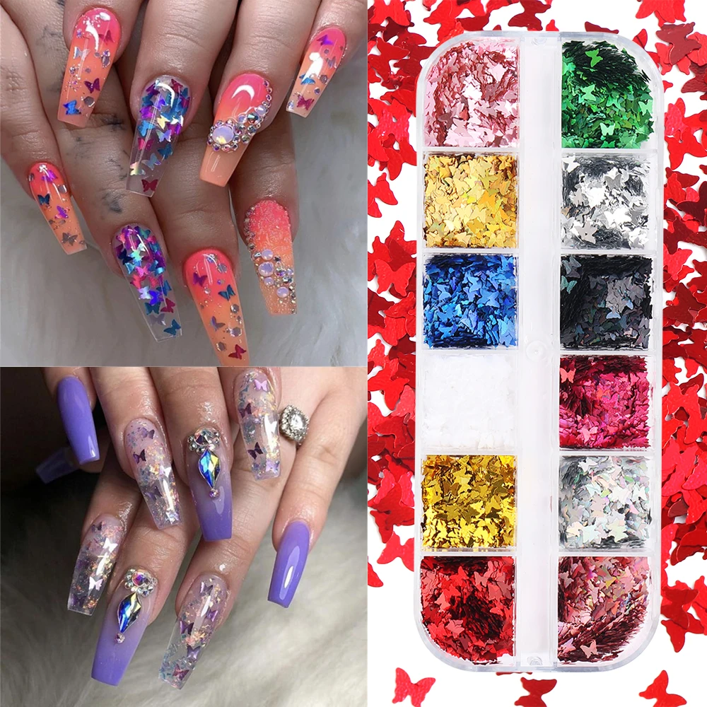 12 сетки/коробка зеркальные Блестящие бабочки для ногтей блестки смешанные цвета