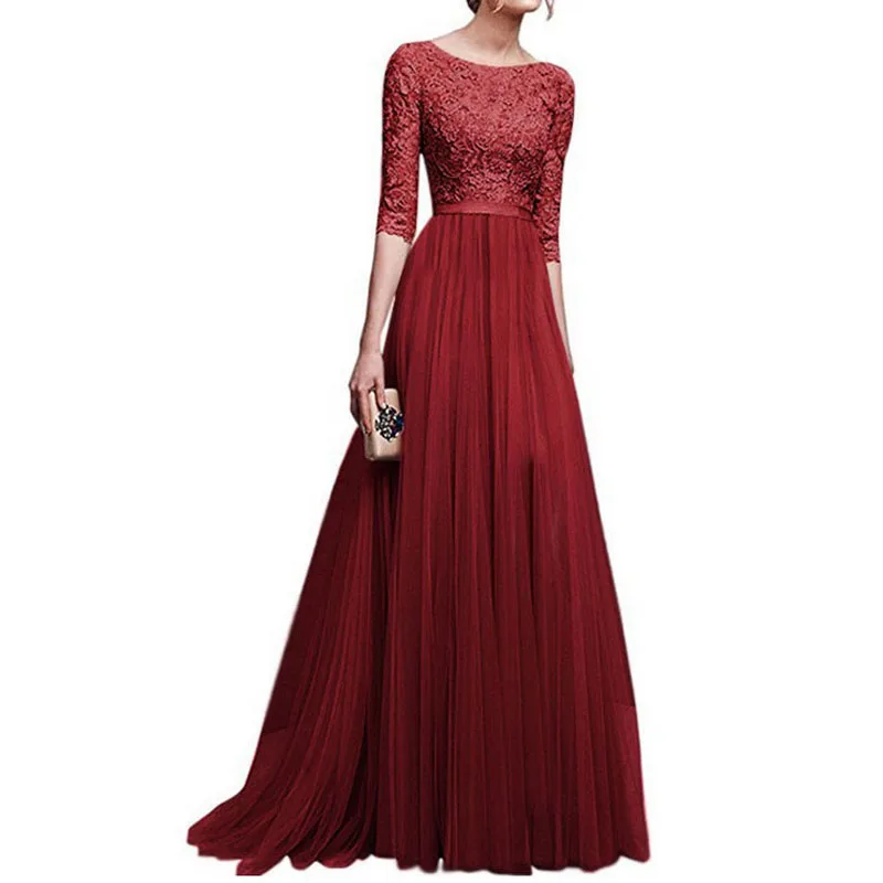 Черное розовое кружевное с коротким рукавом длинное платье женское круглым