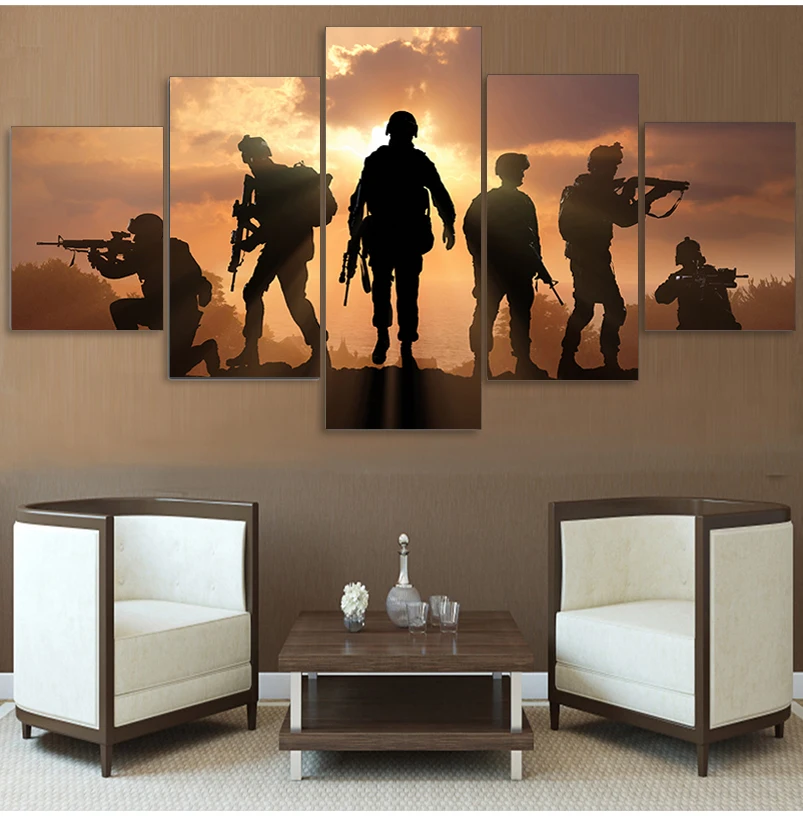 HD Printed 5 Piece Patriotic US military Painting soldiers Canvas with army Sunset Wall Pictures for Living Room battlefield - купить по
