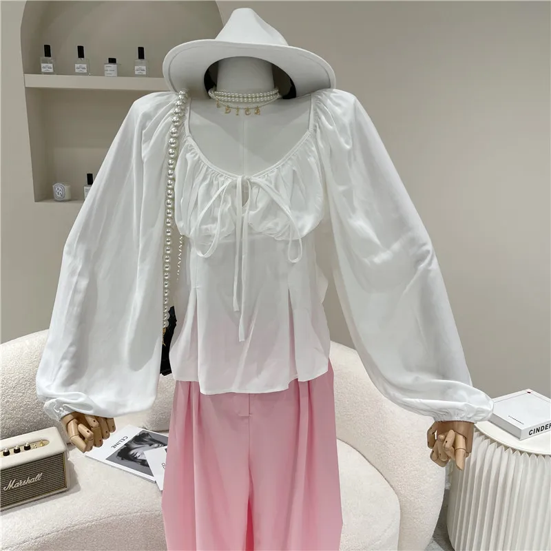 

Niche Design Women's Spring Summer 2021 Fashion Lantern Sleeve Design High Waist Short Shirt Square Neck Lace Up Long Sleeve Top