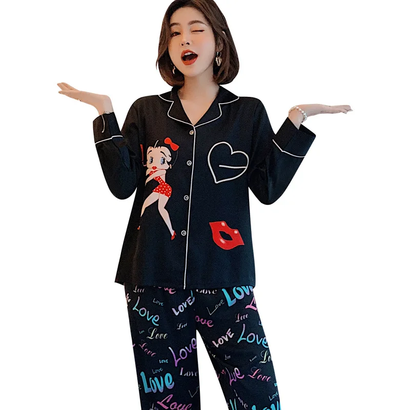 

New Ice Silk Pajamas Women Summer Long Sleeve Printing Tracksuit Can Be Worn Outside Casual