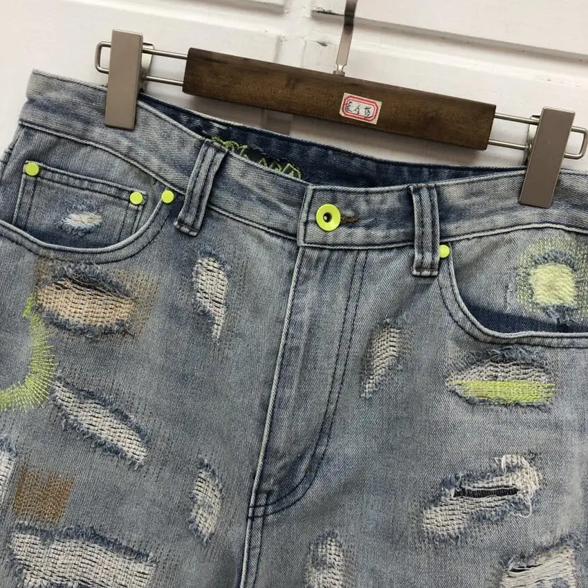 

Men Women Jeans High-Quality Hip Hop denim Pants Embroidered letters Logo hole Streetwear Jeans
