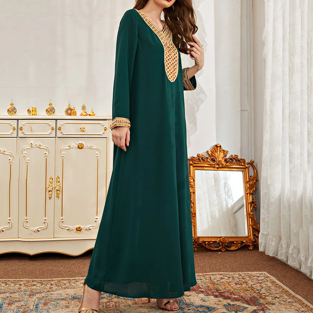 

2021 Summer New Women's Long Sleeve Solid Color Fashion Green Muslim Casual Dress Sequins Splicing Loose V-neck