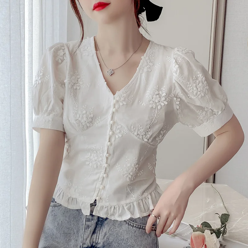 

2022 New Summer Korean Chiffon Blouse Women Solid Tops Retro High Waist V Collar Thin Bubble Sleeve Lace Shirt for Girl 14068