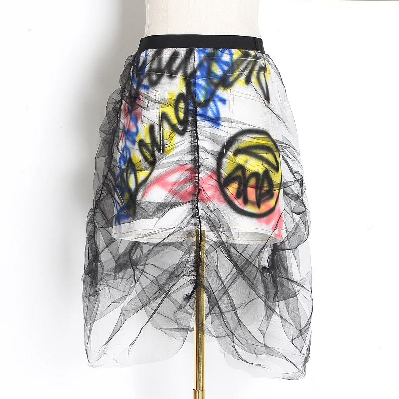 TWOTWINSTYLE Patchwork Mesh Skirts For Female High Waist Print Letters Ruched Asymmetrical Skirt Women Fashion 2020 Clothing New | Женская