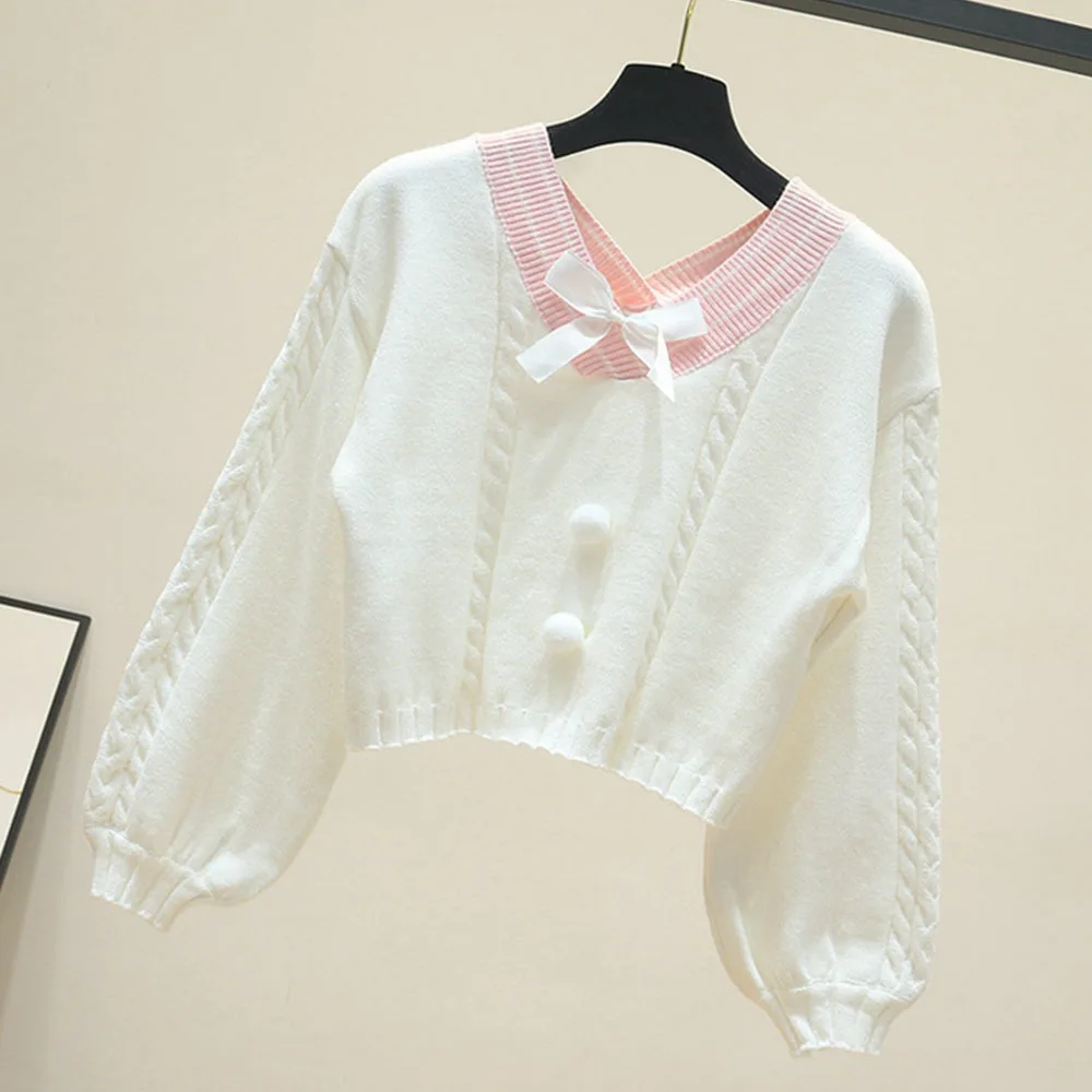 Женский трикотажный свитер с бантом белый винтажный пуловер V-образным вырезом и