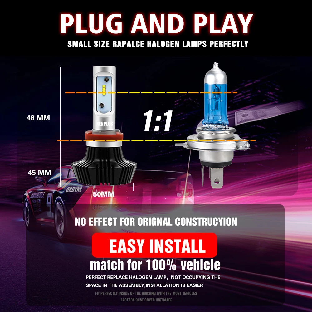 Светодиодные лампы для автомобильных фар Xenplus без вентилятора H4 H11 H3 H7 H8 880 9004 9005/HB3