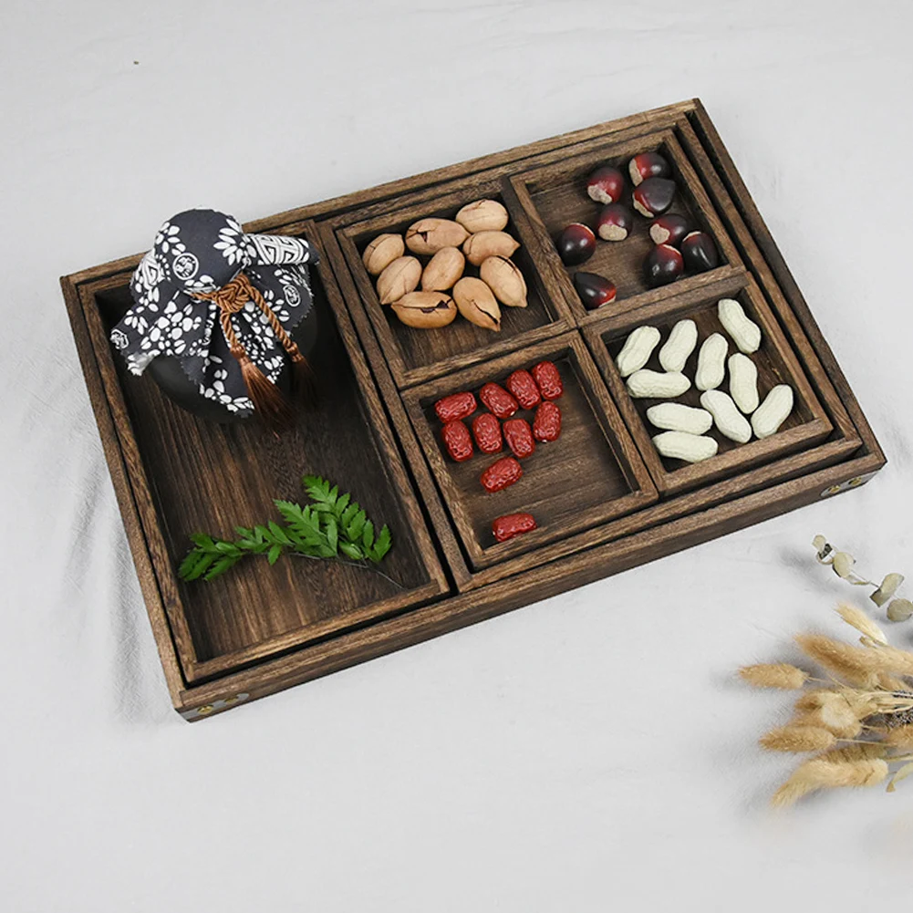 

7pcs Rectangular Portable With Handles Dinner Plate Storage Organizer Fruit Dishes Kitchen Tools Handmade Classic Wooden Trays
