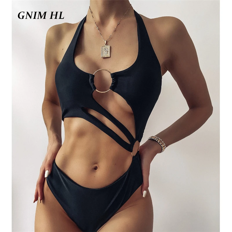 

Bandage Swimsuit Women One-Piece Circle Solid Black Swim Bather Suit 2021 New Arrival High Cut Swimwear Summer Beachwear Biquini