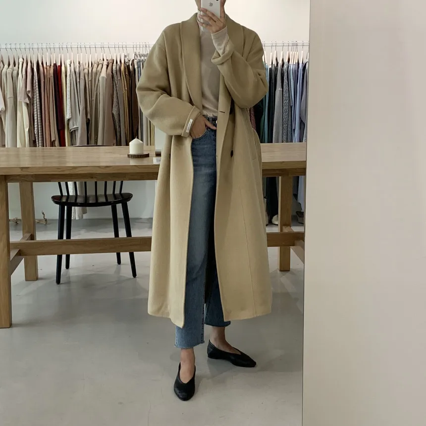 

Women Vintage Yellow Loose Super Long Wool Coat Jacket with Belt Double Breasted Woolen Overcoat Outerwear Cardigan