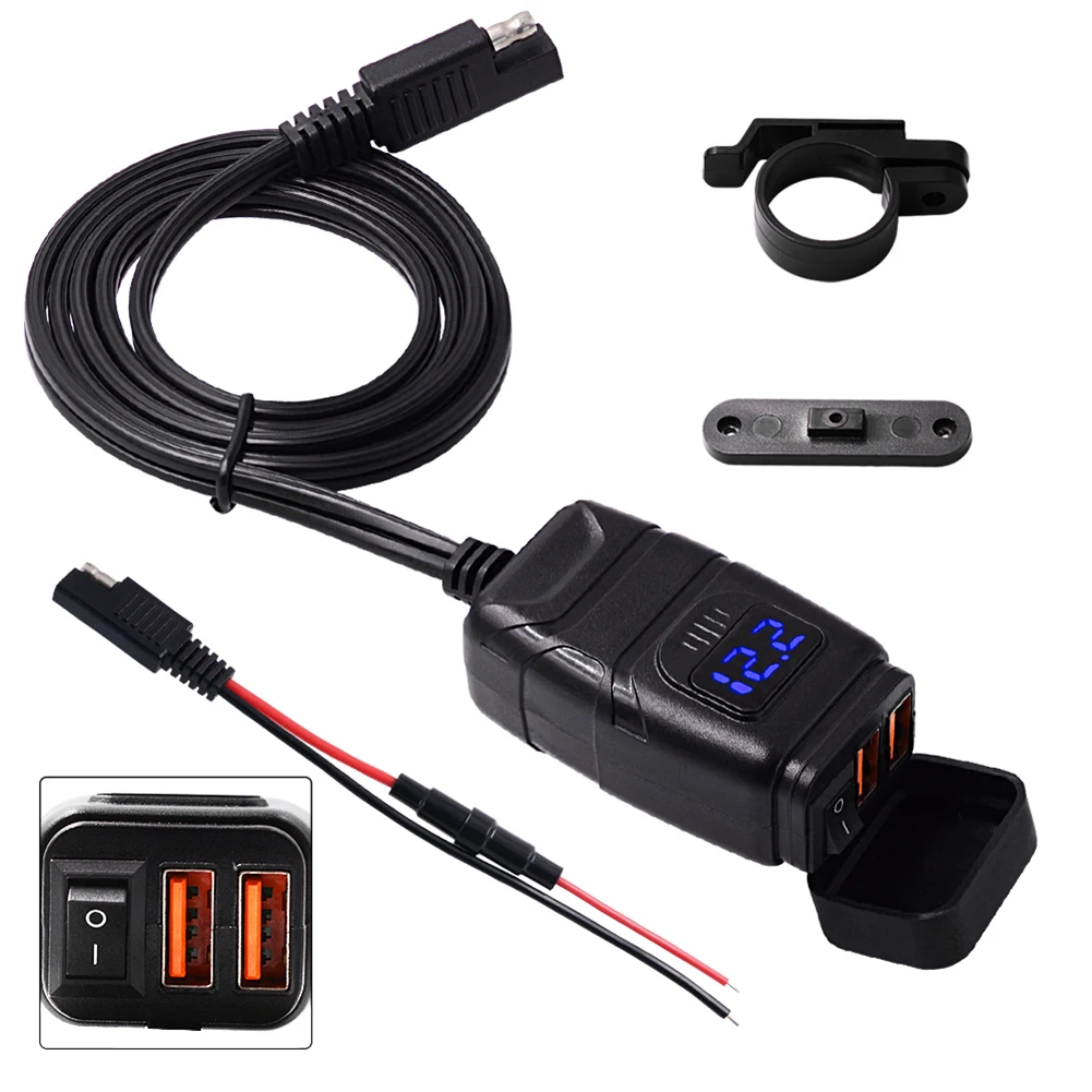 

3 in 1 Universal Motorcycle Handle Mount Charger Dual QC3.0 Fast Charger 12V Phone Charger With Switch and Digital Voltmeter