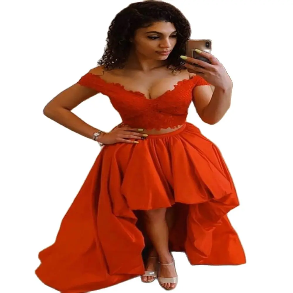 

Sexy Two Piece Red Prom Dress 2021 For Black Girls Off Shoulders Hi Low Beach Evening Party Dresses With Lace Robes De Cocktail