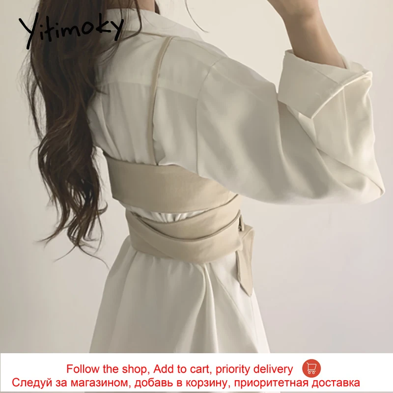 

Yitimoky 2 Piece Set Button Up Shirts Blouse Women Dress Long Shirt Sleeve Tops Wrap Chest Turn-down Collar Spring 2021 Fashion