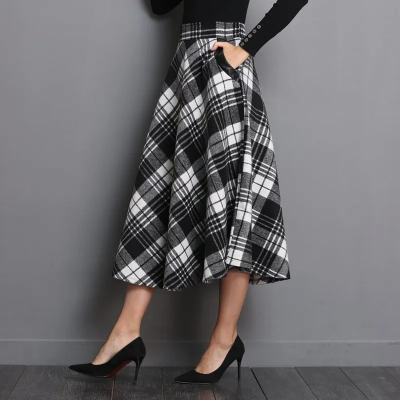 

Plus Size Preppy Style PU Splice Pleated Long Skirt Student Girl Autumn Winter Elastic Waist Green Plaid Bust Skirt Women Muslim