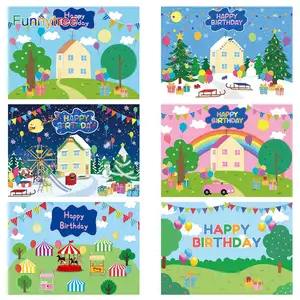 Фон Funnytree для дня рождения мультяшная поросенка детский душ вечерние голубое небо воздушный шар в форме дерева Облако Трава детский подарок фон фото плакат