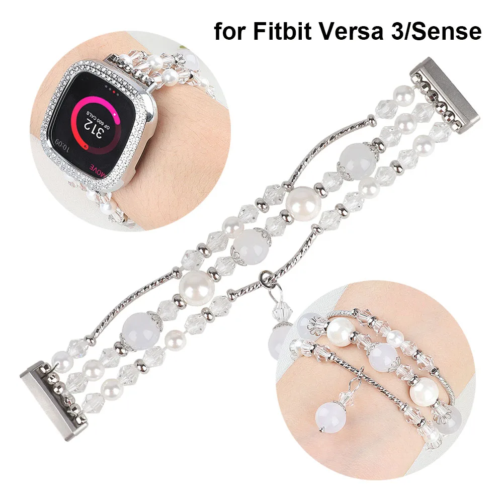 Elastic Strap for Fitbit Versa 3 Sense Smartwatch Bracelet Jewelry Wristband for Fitbit Sense Versa3 Band Women Dressy White