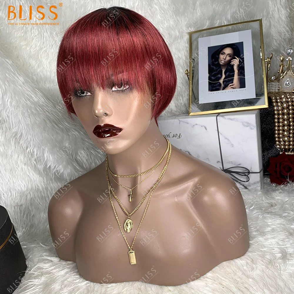 BLISS цветные человеческие волосы парики Pixie Cut черный красный коричневый короткий