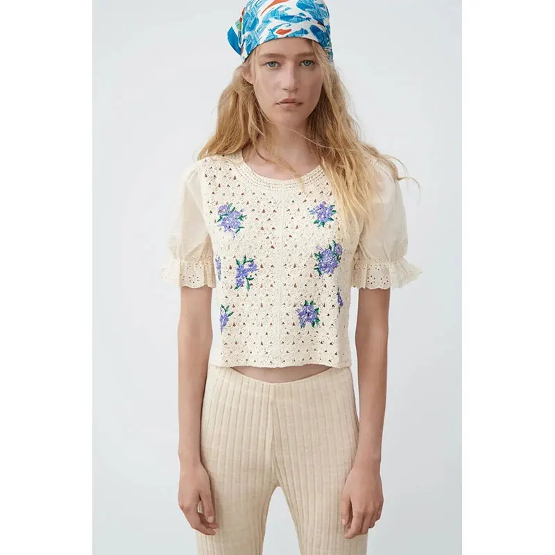 

Nlzgmsj Za Women 2021 Autumn Embroidered Cardigan Women Elegant Short Sleeve Single Breasted Hollow Out Tops Female 202108