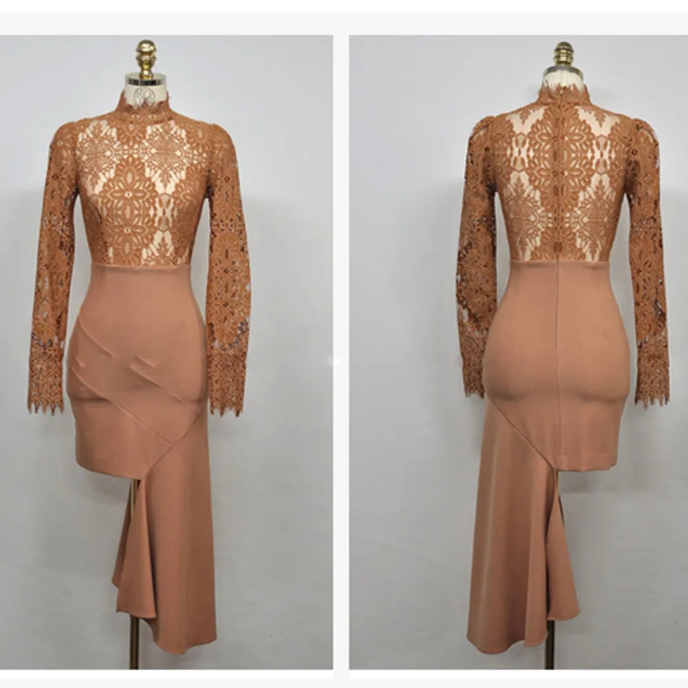 

BacklakeGirls 2021 Elegant Hollow Out Lace Patchwork Retro Dresses Sexy Office Dress Business Party Asymmetrical Women Dress
