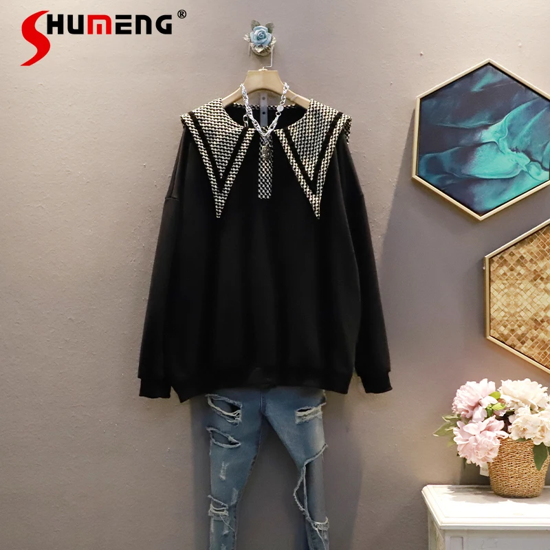 

Повседневный клетчатый черный пуловер с большими лацканами и длинным рукавом, свитера для женщин, осень 2021, новая трендовая Свободная Женск...